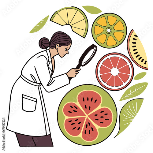 Scientist examining citrus fruit slices and leaves with a magnifying glass in a circular composition