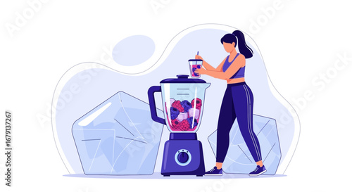 Woman Preparing Healthy Smoothie With Blender, Adding Fruits and Ice For Nutritional Drink