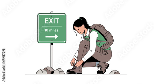 Woman Preparing Her Boots For Hiking Near The Directional Exit Sign Post