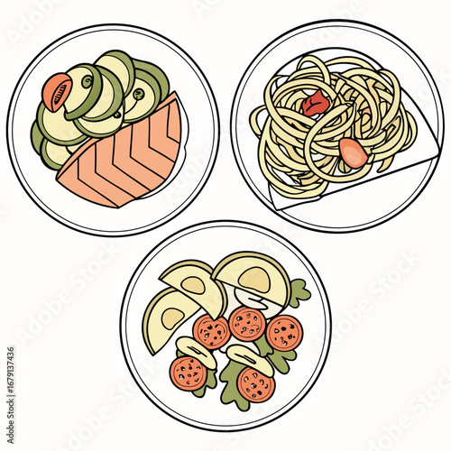 Three stylized plates of food featuring salmon with cucumber salad spaghetti and avocado tomato salad