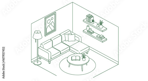 Cozy isometric living room design with sectional sofa and round coffee table in a minimalist style