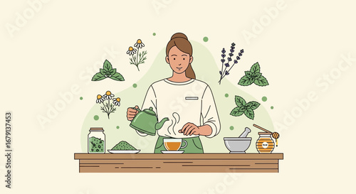 Woman Preparing Herbal Tea, Promoting Wellness and Relaxation, Healthy Lifestyle Illustration