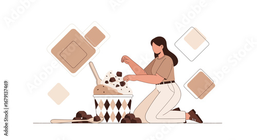 Woman Preparing Ice Cream Sundae with Chocolate Pieces, Illustration Graphic Design