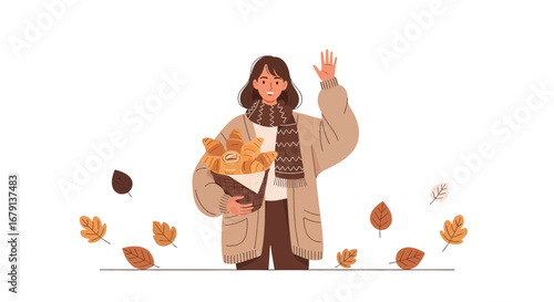 Woman Holding Croissants Waving Hello Surrounded By Autumn Leaves In A Pleasant Scene