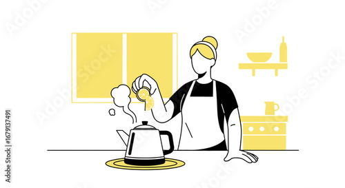 Woman Preparing Lemon Tea in Kitchen, Minimalist Illustration of Daily Life Activities