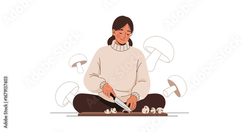 Woman Preparing Mushrooms, Skillful Chopping on a Wooden Board, Artistic Vector Illustration