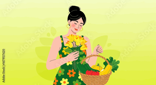 Woman Holding Flowers and a Basket of Freshly Harvested Produce in Garden