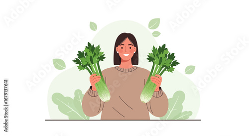 Woman Holding Fresh Celery Bunches Illustrating Healthy Eating and Vegetarian Diet