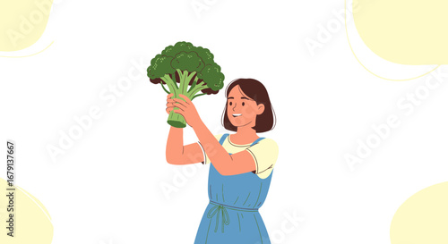 Woman Holding Fresh Green Broccoli, Healthy Eating, Cartoon Illustration Concept