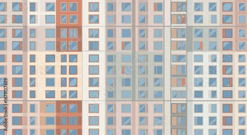 An abstract geometric pattern featuring a repetitive arrangement of numerous square and rectangular window panes across a facade