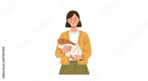Woman Holding Freshly Baked Bread in Her Arms, Flat Illustration, Isolated on White