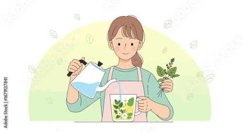 Woman Preparing Refreshing Herbal Tea in the Morning, Drink and Embrace Wellness