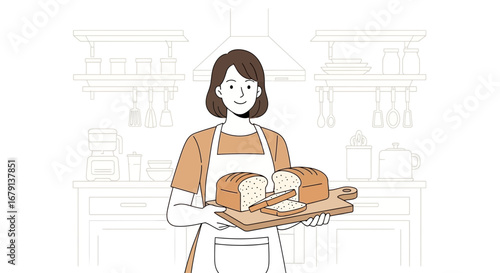 Woman Holding Freshly Baked Bread in Kitchen, Lifestyle and Culinary Artwork