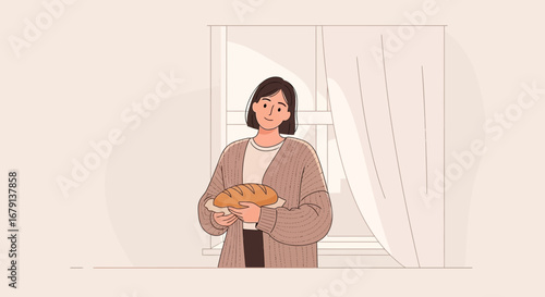 Woman Holding Freshly Baked Bread Near A Window With Curtains In Home