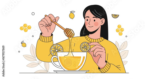 Woman Preparing Refreshing Herbal Tea With Honey And Lemon, Vector Illustration