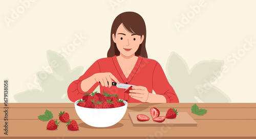 Woman Preparing Strawberries With Knife In Kitchen, Harvesting Fresh Summer Fruit