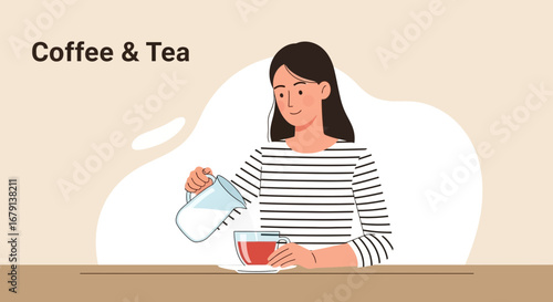 Woman Preparing Tea, Pouring Milk Into Cup, Enjoying Relaxing Beverage Moment