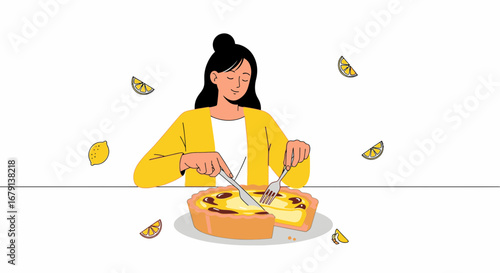 Woman Preparing To Cut A Slice Of Delicious Lemon Tart On A Clean White Backdrop