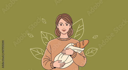 Woman Holding Loaf Of Bread With Green Background And White Leaf Illustrations
