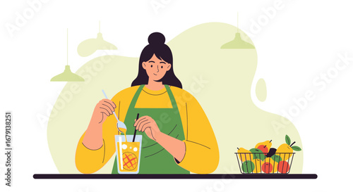 Woman Preparing Tropical Beverage with Fresh Fruits and Kitchen Tools Illustration