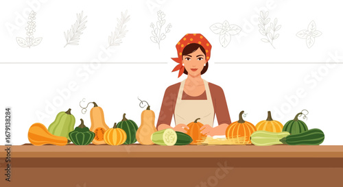 Woman Preparing Variety Of Colorful Pumpkins And Vegetables In A Bright Kitchen Space