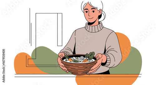 Woman Presenting A Bowl Of Delicious Soup Ready For Consumption And Enjoyment