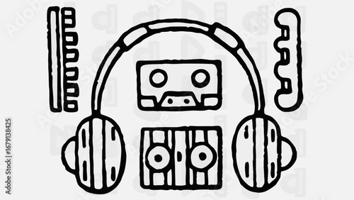 Illustration of headphones with cassette tapes and equalizer bars in black and white outline style