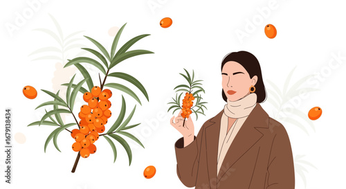 Woman Holding Sea Buckthorn Branch And Berries In Modern Illustration Style