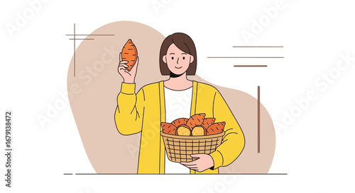Woman Holding Sweet Potato and Basket, A Fresh Harvest of Potatoes, For Healthy Eating