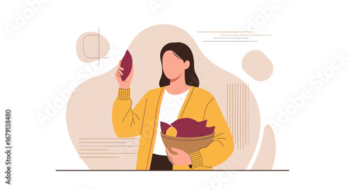 Woman Holding Sweet Potatoes Illustrating Fresh Produce and Wellness Concept
