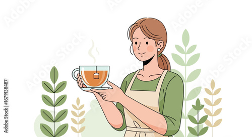 Woman Holding Tea Cup Ready To Serve With Botanical Illustration And Minimalist Concept