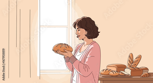 Woman Holds Fresh Baked Bread, Enjoying The Aroma Of The Bakery Goods