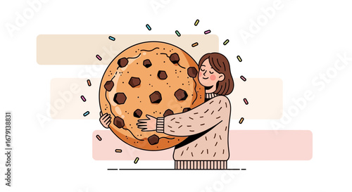 Woman Hugging Giant Cookie Presenting Delightful Sweetness and Comfort in Illustrative Style