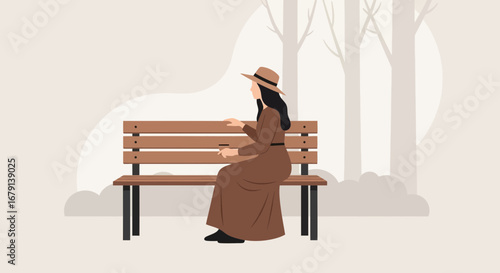 Woman In A Dress And Hat Sitting On A park wooden bench in a relaxing moment