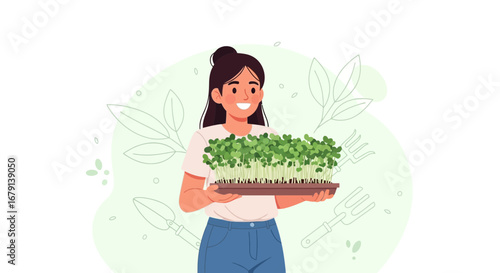 Woman Presenting Freshly Grown Microgreens From Her Garden with Green Background