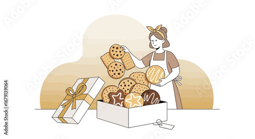 Woman Presenting Homemade Biscuits, Baked Goodies in a Gift Box with a Luxurious Ribbon