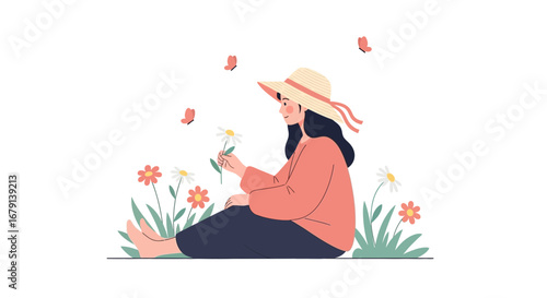 Woman In Garden With Flowers: A Serene Illustration In Peaceful And Calm Ambiance