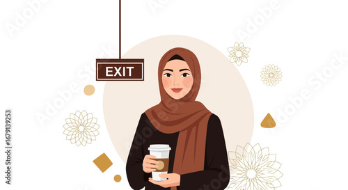 Woman in Hijab Holding Coffee Cup Near Exit Abstract Digital Illustration