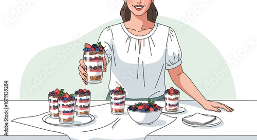 Woman Presents Delightful Berries Parfaits: A Sweet Dessert Celebration