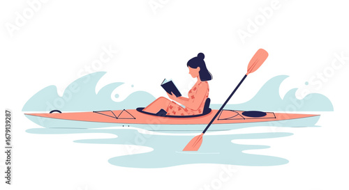 Woman in Kayak Reading a Book on the Water Vector Illustration.