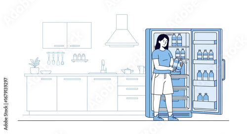 Woman in Kitchen Opening Refrigerator Checking Fresh Food Items and Drinking Water
