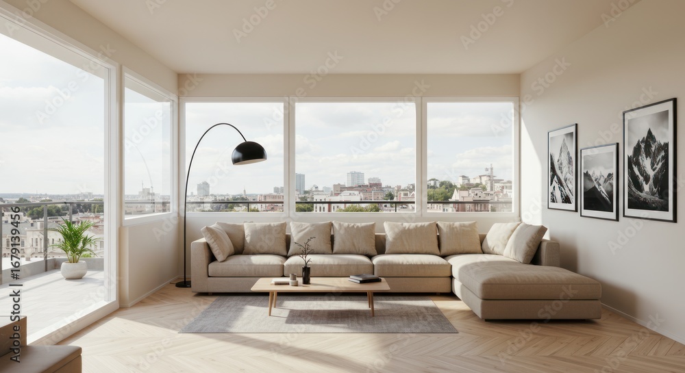 Fototapeta premium Bright Modern Living Room with Large Windows and Comfortable Beige Sofa