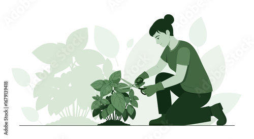 Woman Pruning Bush in The Garden, Green Plant and Nature Illustration Artwork