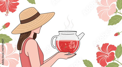 Woman in Sunhat Holding Blooming Herbal Tea in a Glass Teapot with Floral Frame