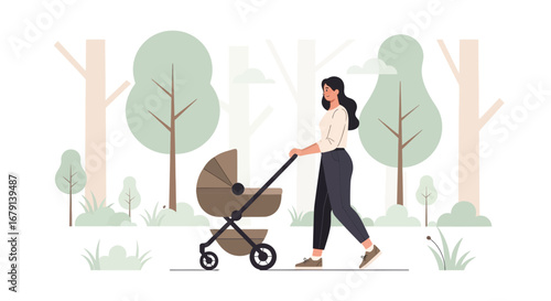 Woman pushing a stroller in park vector illustration, outdoors family happiness