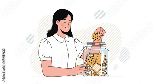 Woman Reaching Into Cookie Jar Featuring Diverse Biscuits For Sweet Treat Consumption