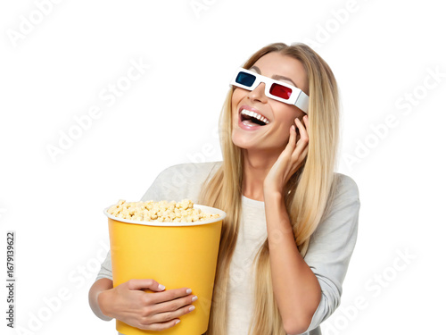 Smiling woman with 3D glasses holding popcorn bucket isolated on white background