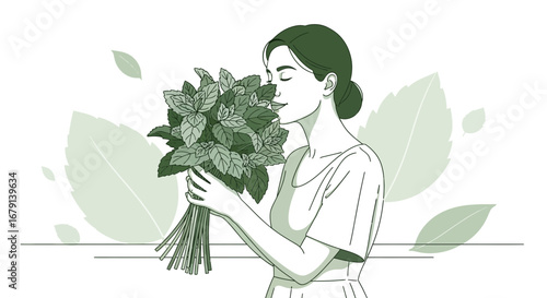 Woman Inhaling Fresh Herbs, Feeling Pleased By Fragrant Mint Leaves Aroma