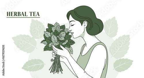 Woman Inhaling Aroma Of Fresh Herbs, Herbal Tea Concept Depicted In A Clean Line Drawing Style