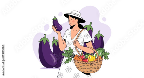 Woman Inspecting Aubergine in a Garden with Basket Full of Fresh Vegetables